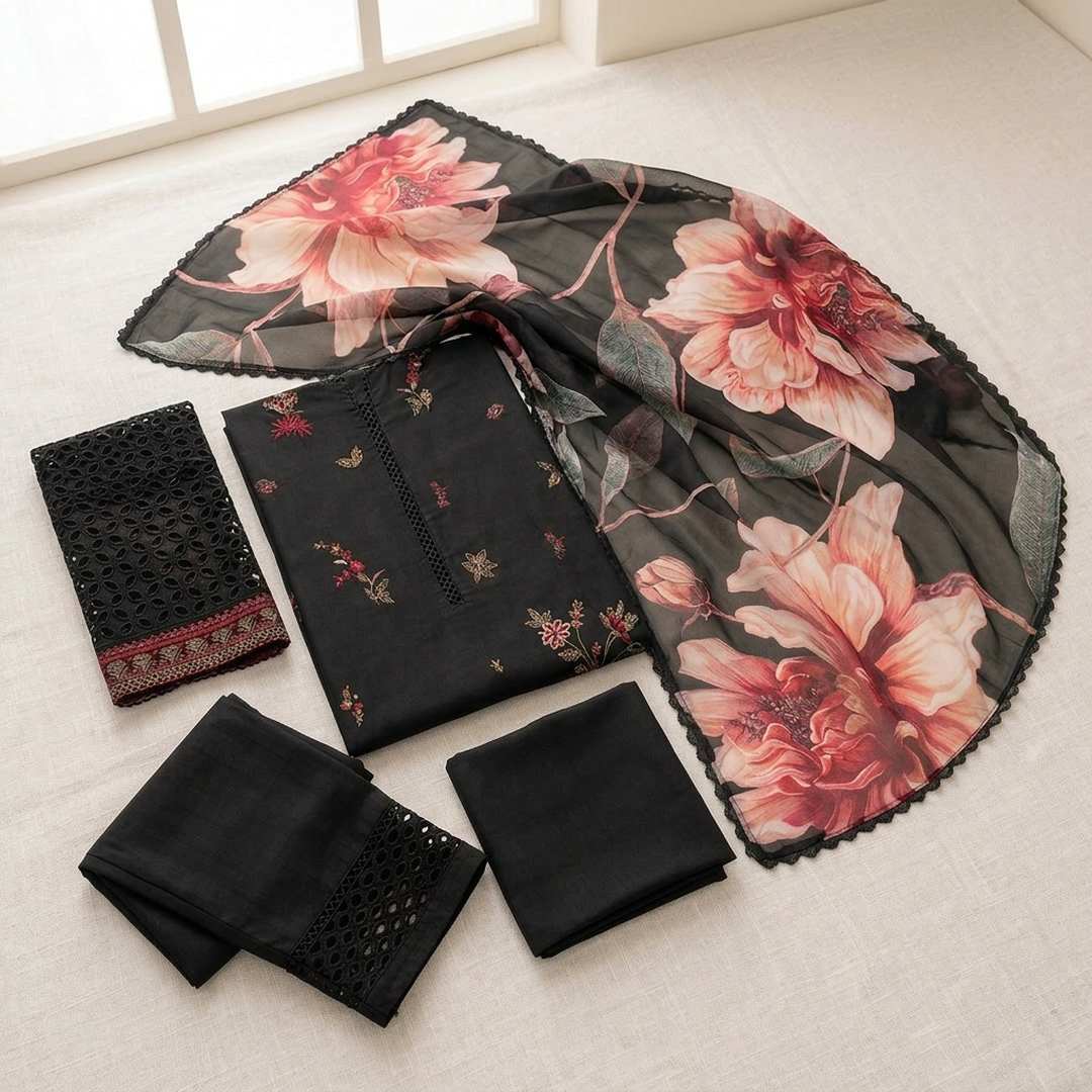 Black Lawn 3-Piece Suit with Floral Dupatta for Weddings Eid