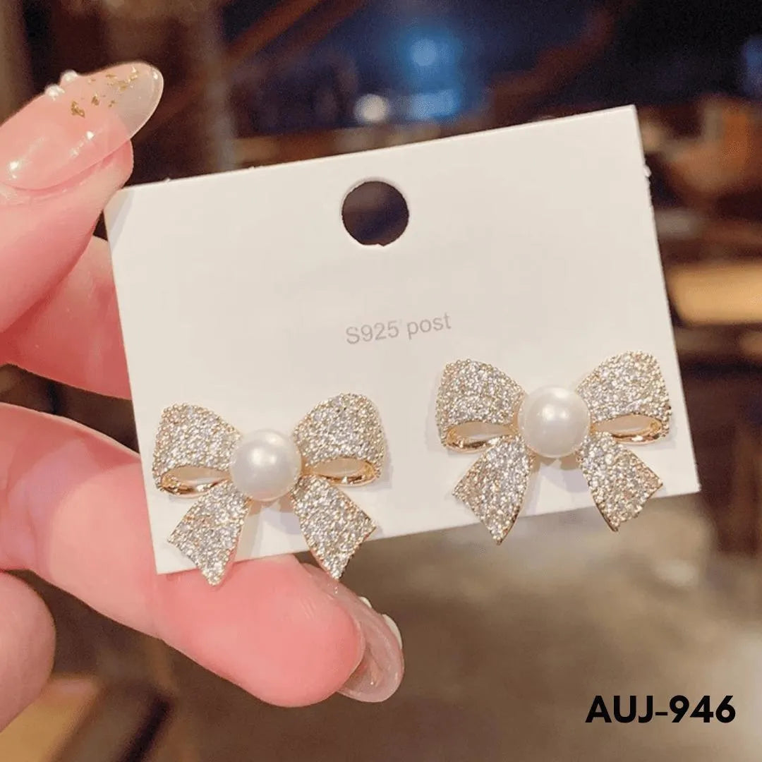 Bow Earrings Gold Pearl Sparkling Zircon S925