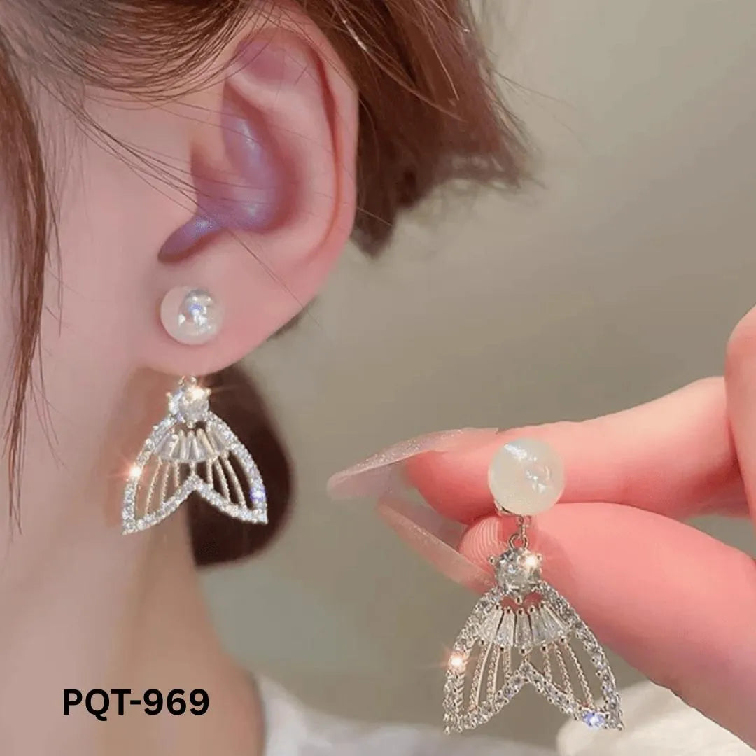 Fish Tail Pearl Zircon Earrings Gold Plated