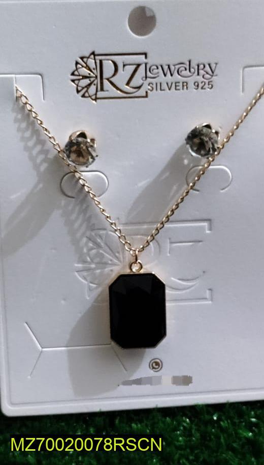 Black Stone Pendant Set with Gold Chain & Earrings