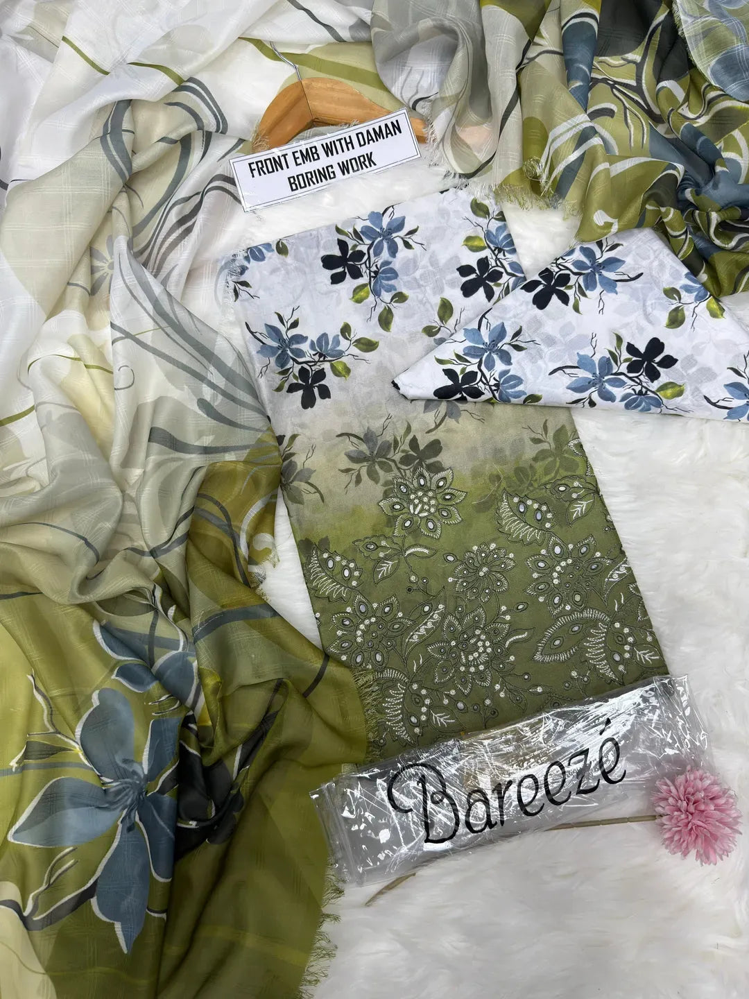 Pakistani Floral Green Kurta Set with Chiffon Dupatta