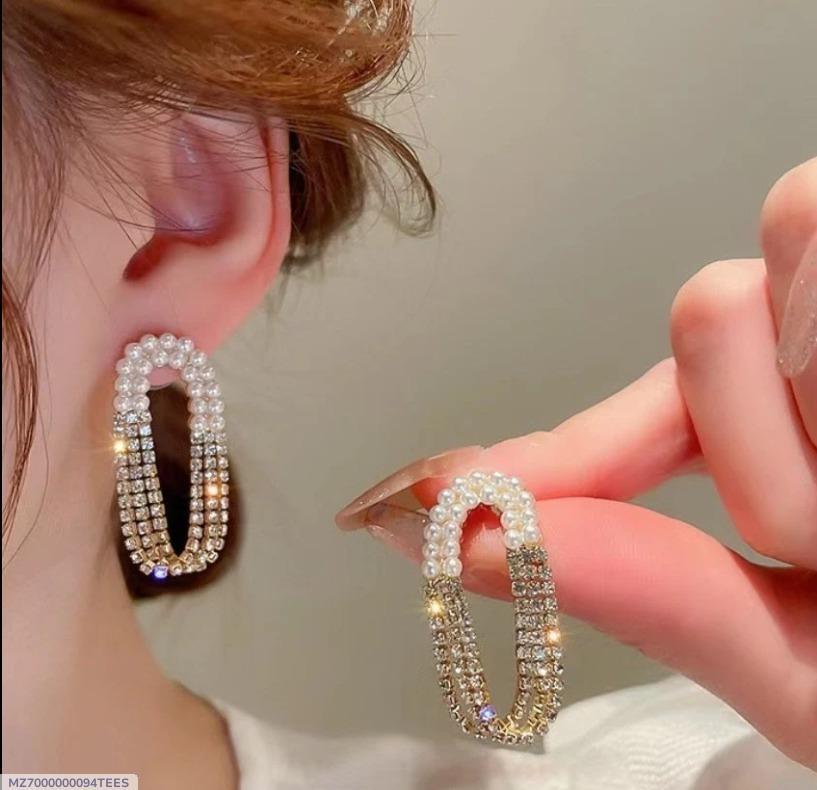 Silver Plated Oval Pearl Rhinestone Earrings for Women