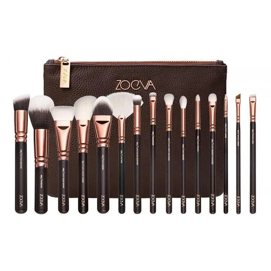 Makeup Brush Set 15 Pcs Travel Clutch Brown Rose Gold