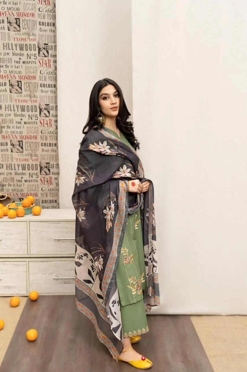 Green Lawn 3-Piece Embroidered Suit for Women