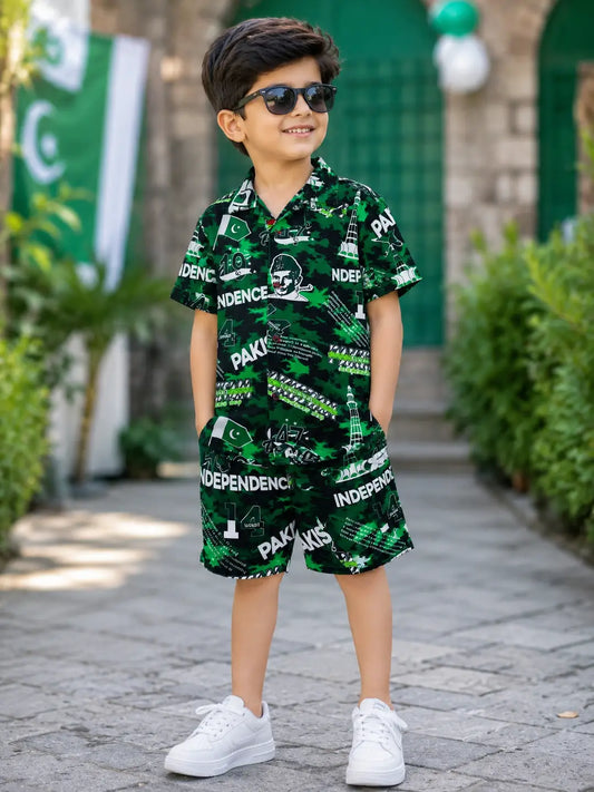 14 August 2 Pcs Boy's Dhanak Printed Shirt And Shorts Set