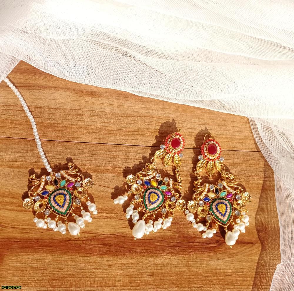 Gold Plated Earrings Set with Bindiya Pendant for Pakistani Brides