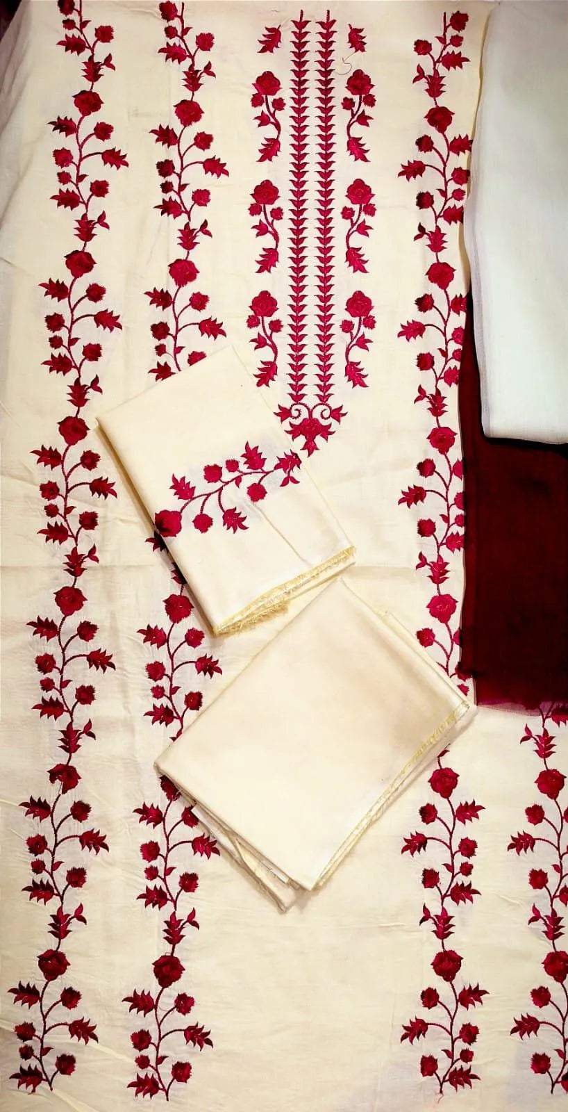Unstitched 3-Piece Lawn Suit Red Floral Embroidery for Weddings Eid