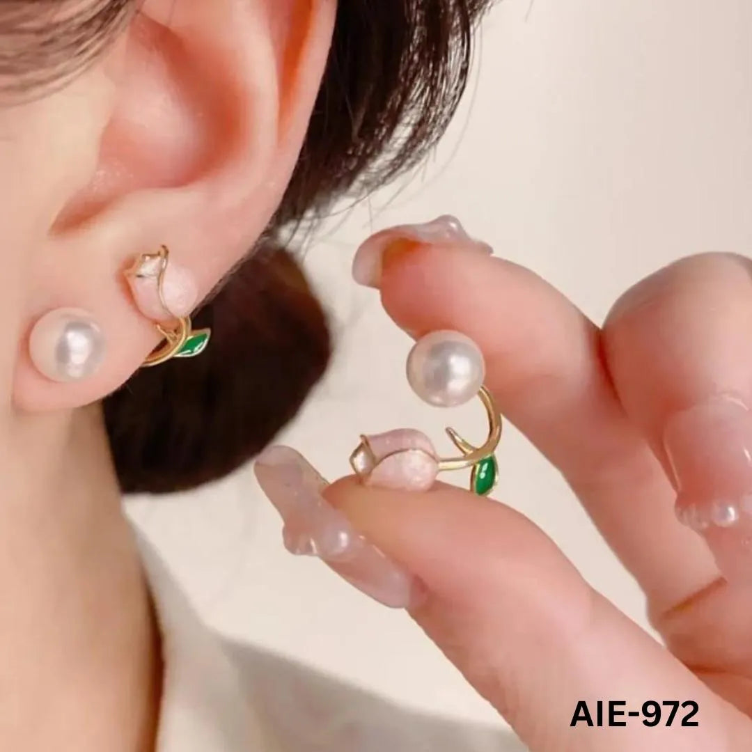 Flower Pearl Earrings Pink Green Leaf Lightweight Daily Wear