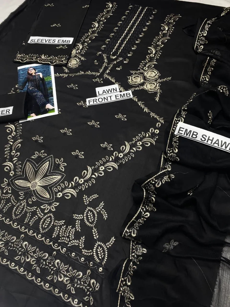 Black Embroidered Lawn Suit 3Pcs Women with Gold Work