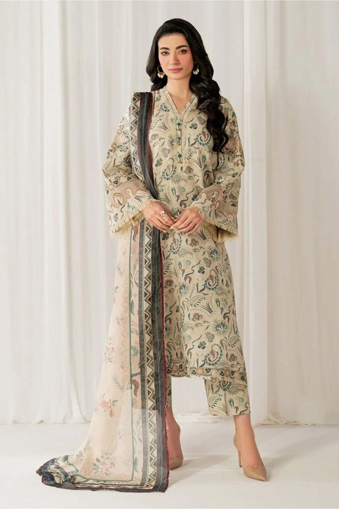 LAWAN 3P Printed Embroidered Suit Beige