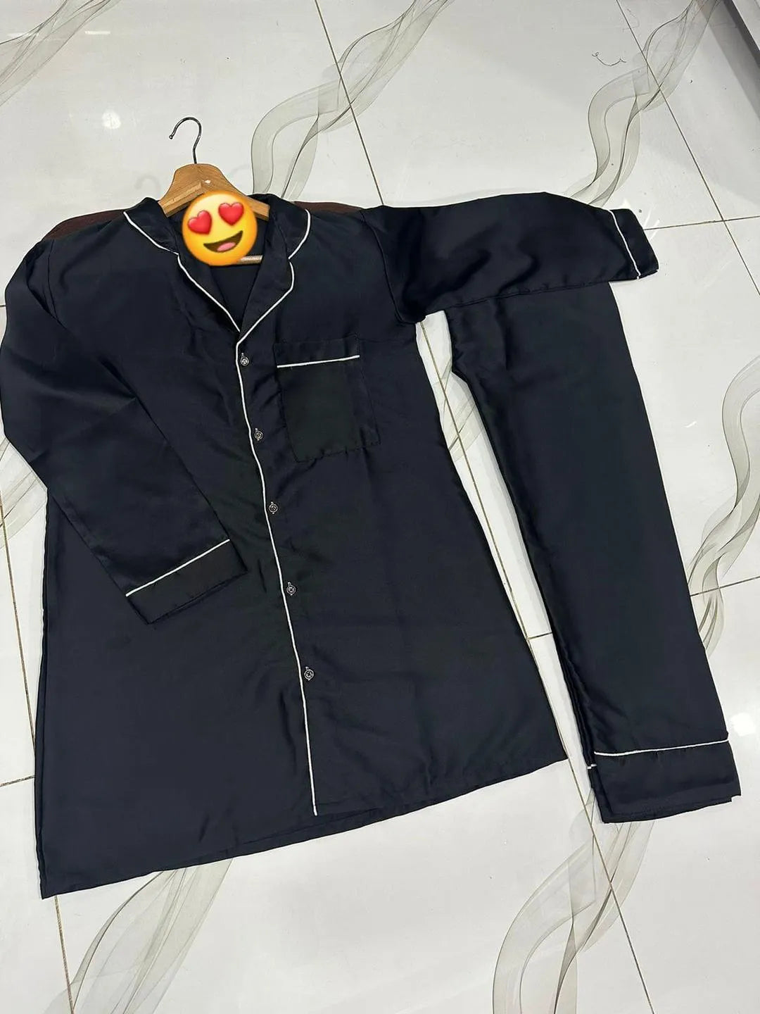 Black Silk Night Suit with White Piping for Women