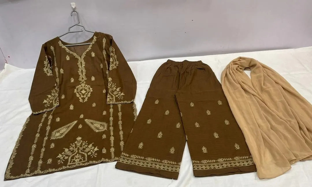 Brown Embroidered 3-Piece Cotton Lawn Suit for Women