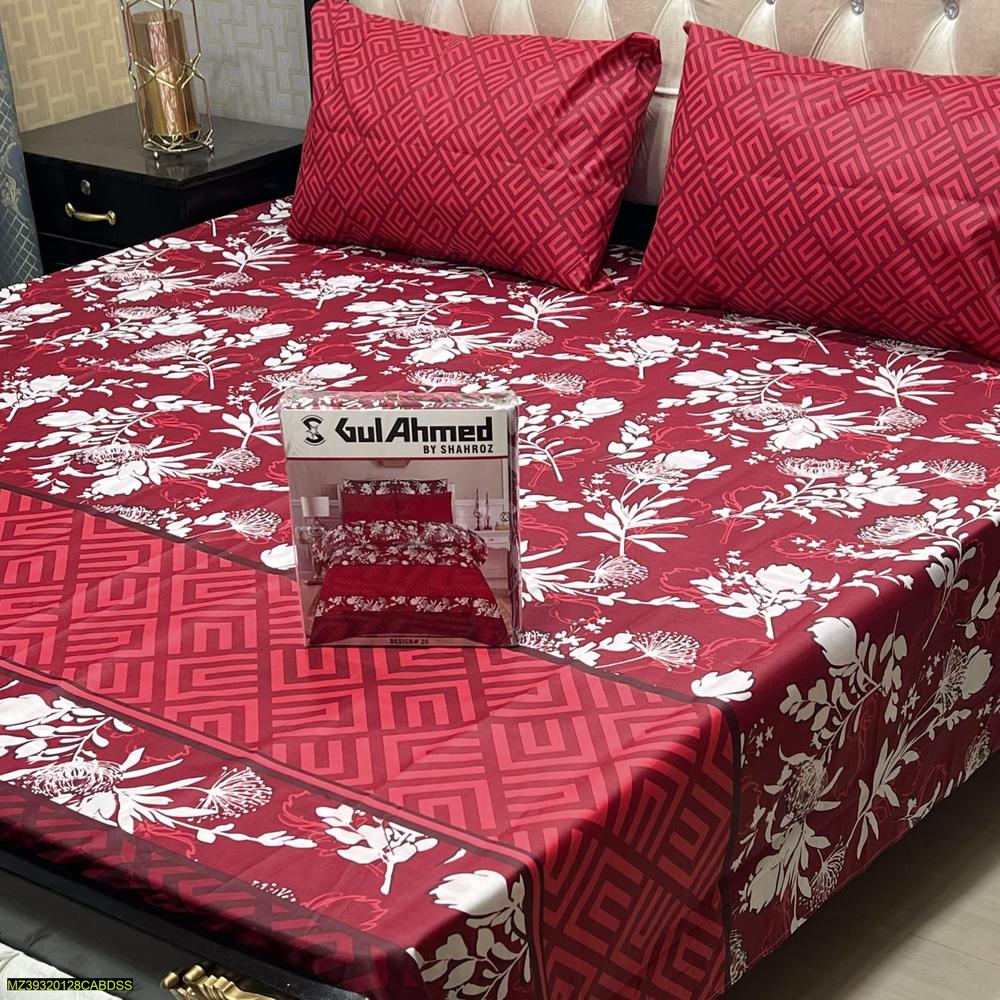 Red Floral Geometric Cotton Bedsheet Set King Size