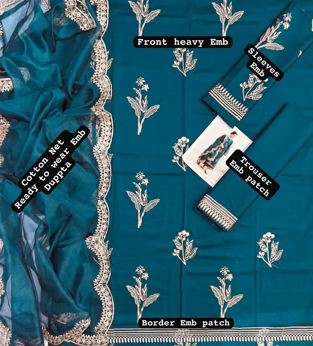 Unstitched Lawn Suit 03Pcs Embroidered Blue