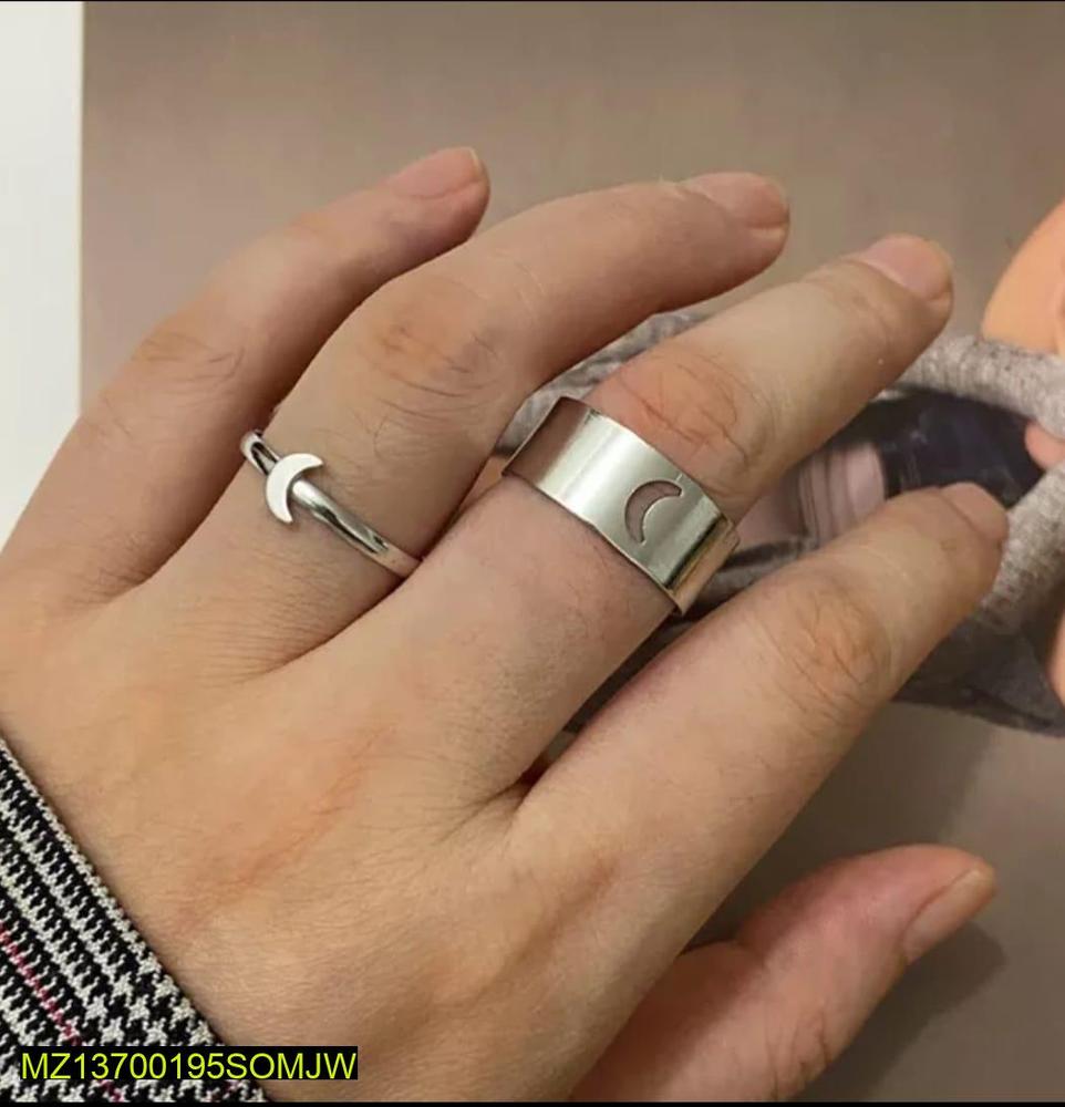 Silver Moon Rings Set of 2 Adjustable Alloy