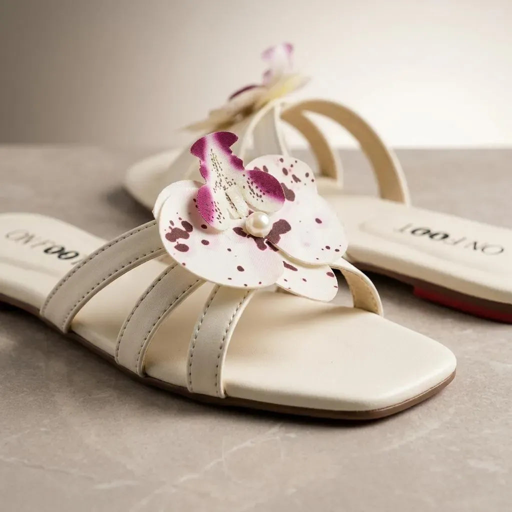 White Floral Olive Slip On Sandals for Women