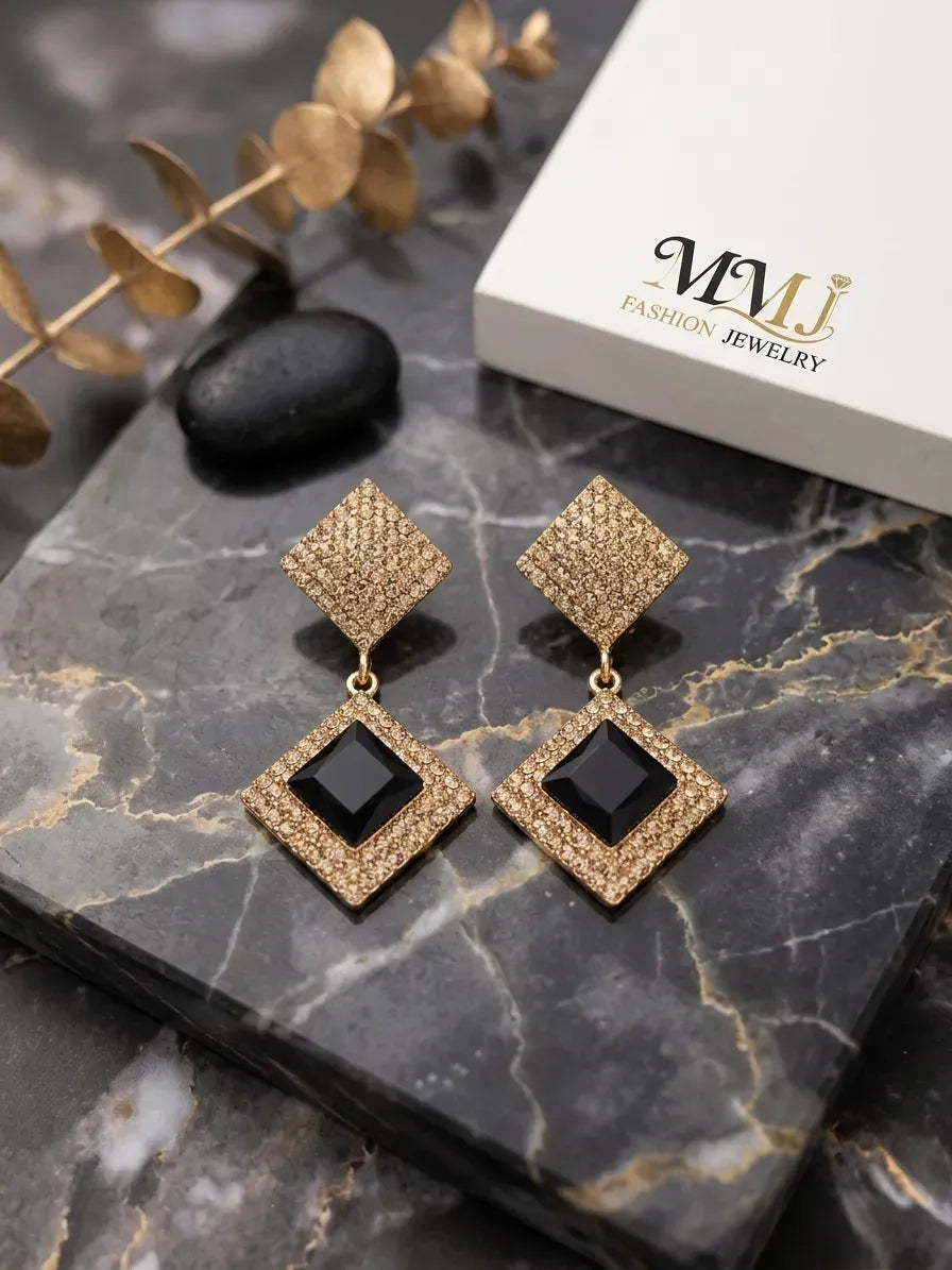 Golden Crystal Square Earrings for Women