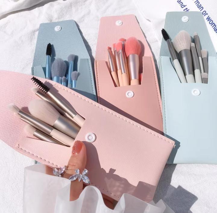 8-Piece Makeup Brush Set Pink Leather Pouch