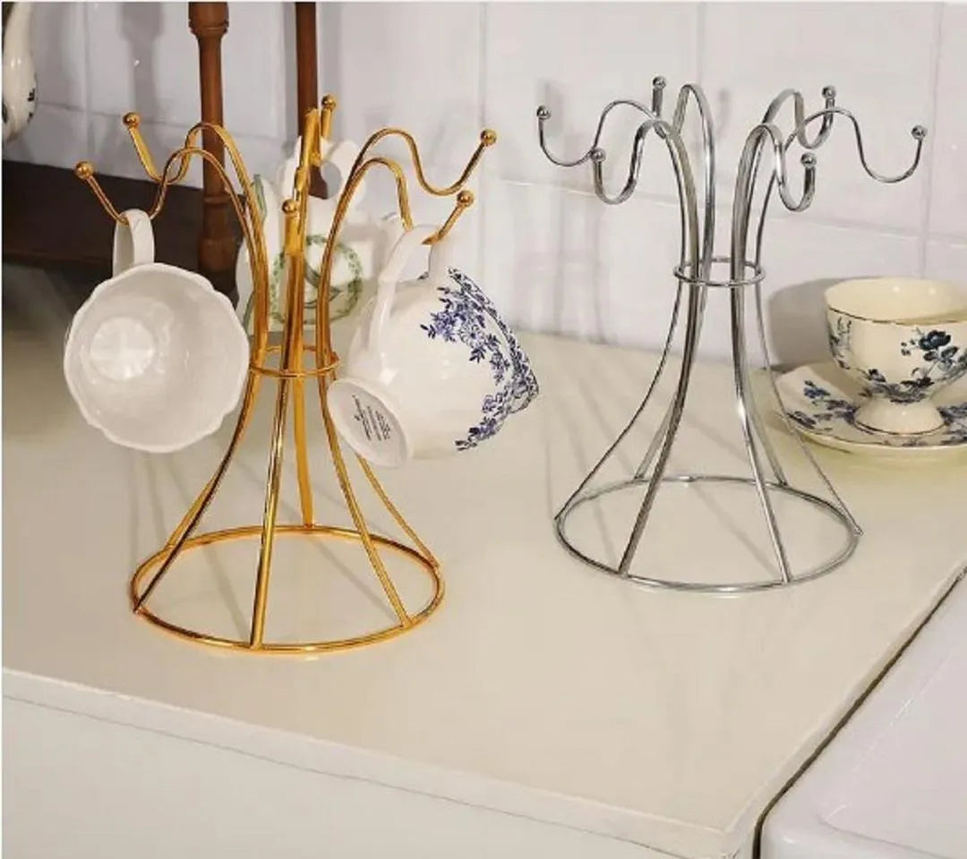 Golden Metal Mug Rack with 6 Hooks for Kitchen or Bar