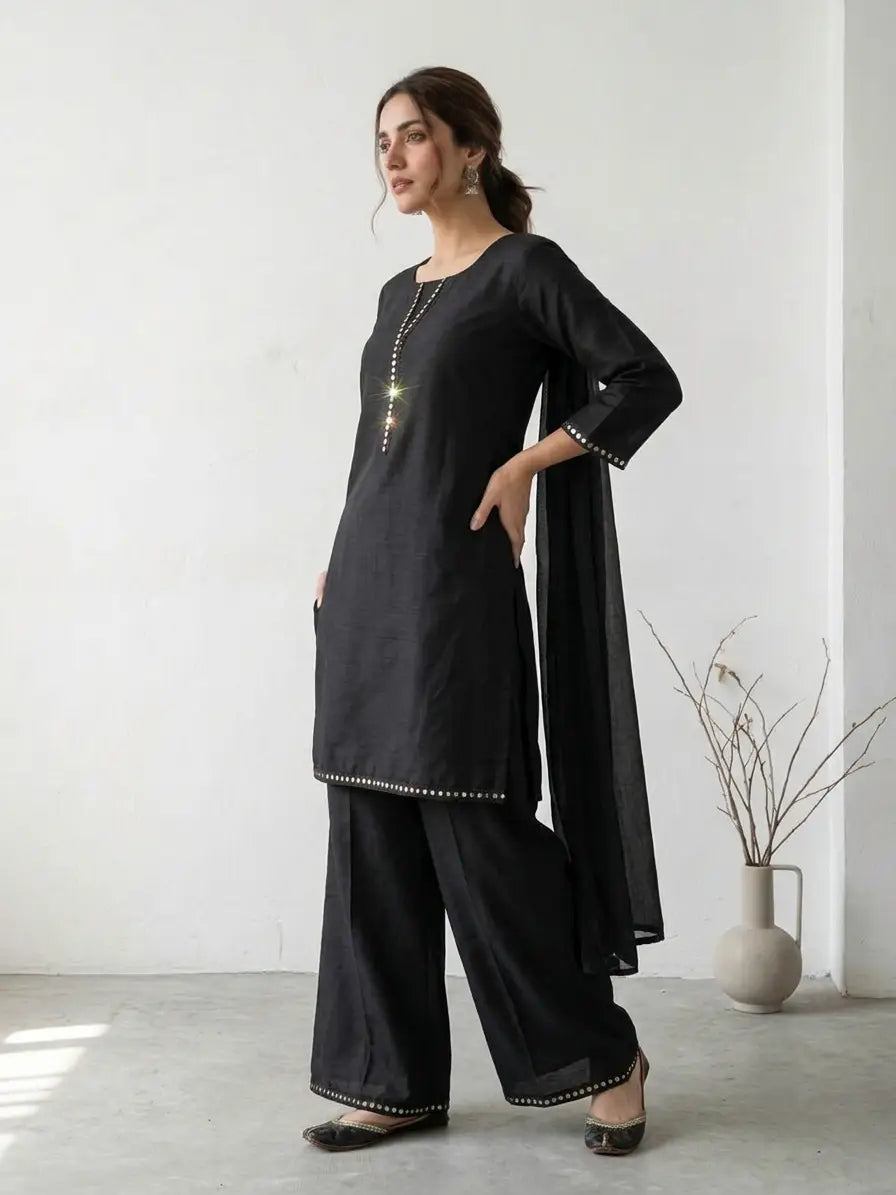 3 Pcs Women's Stitched Lawn Plain Suit with Mirror Lace work