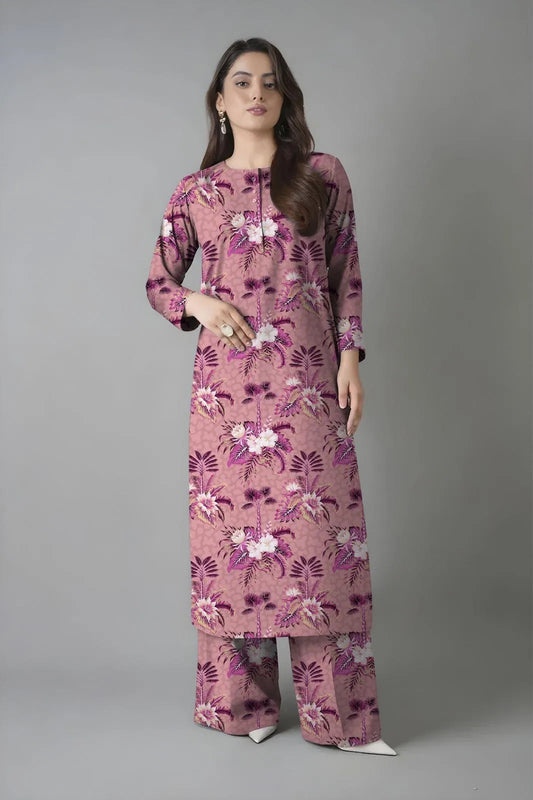 Pakistani Women Floral Printed Lawn Suit Peach Purple
