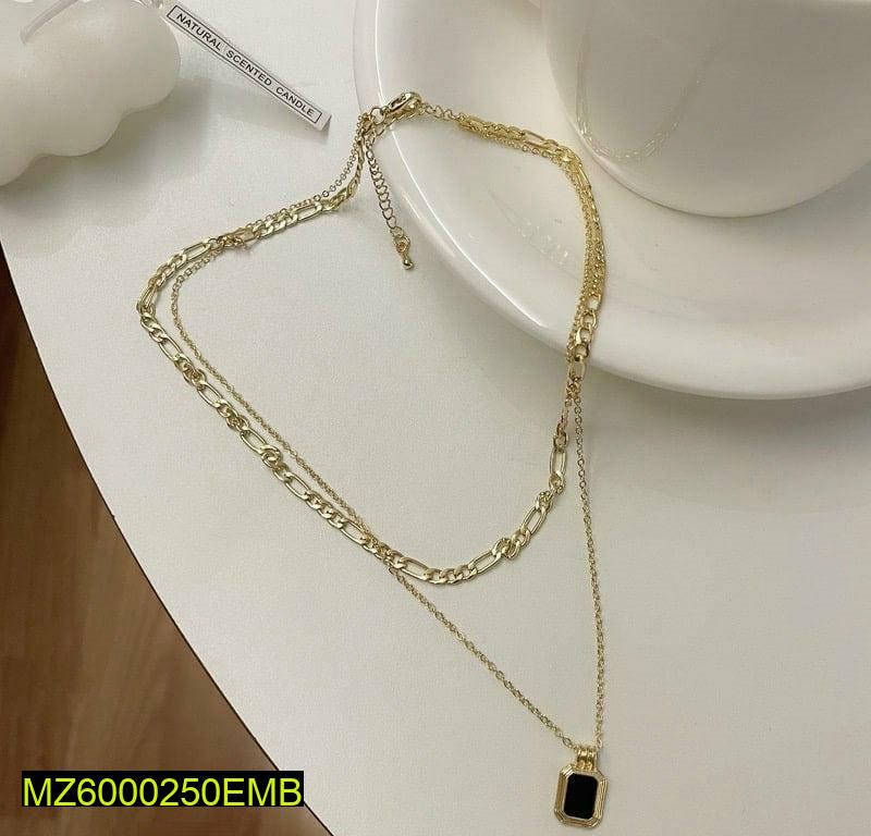 Golden Layered Chain Necklace with Black Stone Pendant 18"