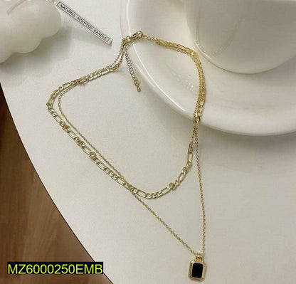 Golden Layered Chain Necklace with Black Stone Pendant 18"