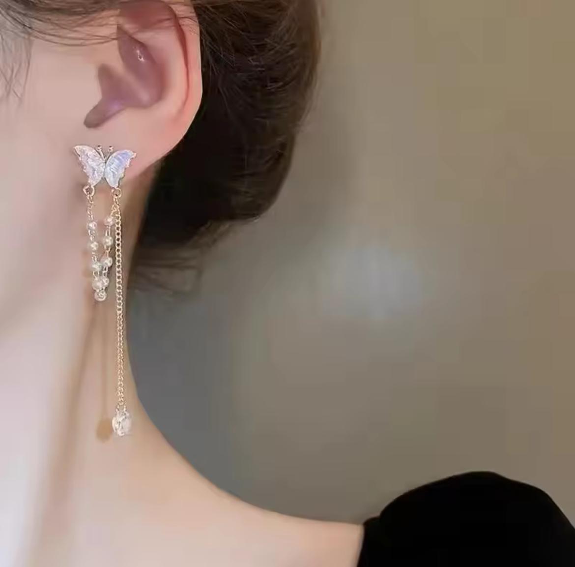 S925 Elegant Butterfly with Pearl Tassels Drop Earrings – Delicate, Feminine & Stylish Fashion Jewelry for Women & Girls(Pair)
