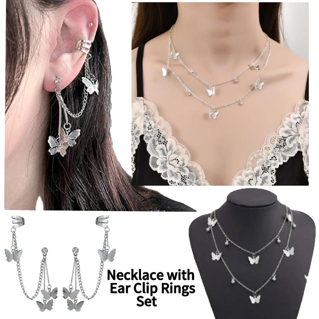 Silver Butterfly Necklace & Earrings Set for Women