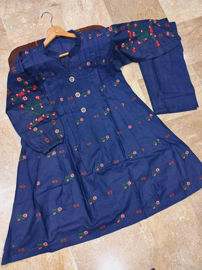 Blue Floral Embroidered 2-Piece Cotton Set for Women