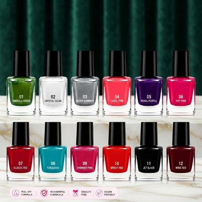 Pack of 12 - Peel Off Nail Paints - Cosmetic Nail Polish Designed For Easy Removal And Vibrant Color Maintenance Routine (Random Color)