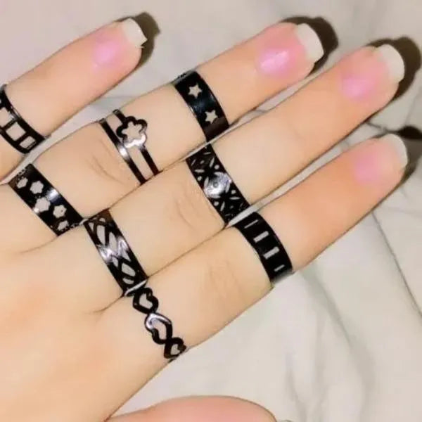 10-Piece Adjustable Ring Set Black Gold Silver Pakistani Fashion