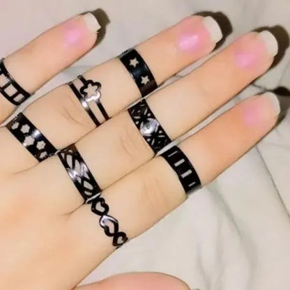 10-Piece Adjustable Ring Set Black Gold Silver Pakistani Fashion