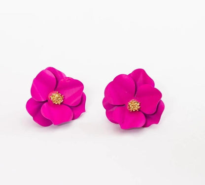 Pink Flower Earrings Gold Center Alloy Studs