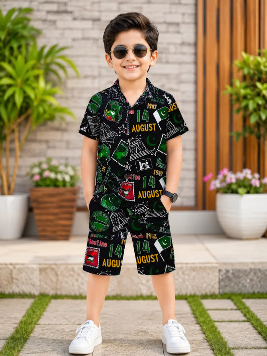 14 August 2 Pcs Boy's Dhanak Printed Shirt And Shorts Set