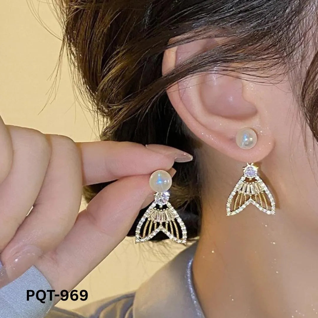 Fish Tail Pearl Zircon Earrings Gold Plated