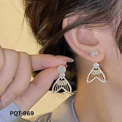 Fish Tail Pearl Zircon Earrings Gold Plated