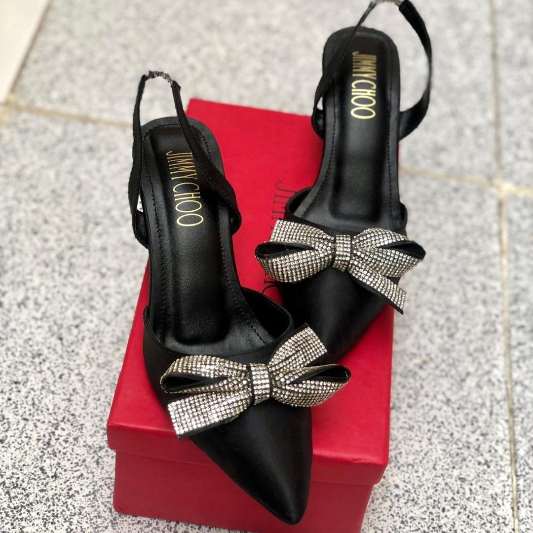 Black Rhinestone Bow Heels for Women Formal Party Wear
