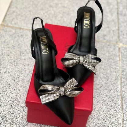 Black Rhinestone Bow Heels for Women Formal Party Wear