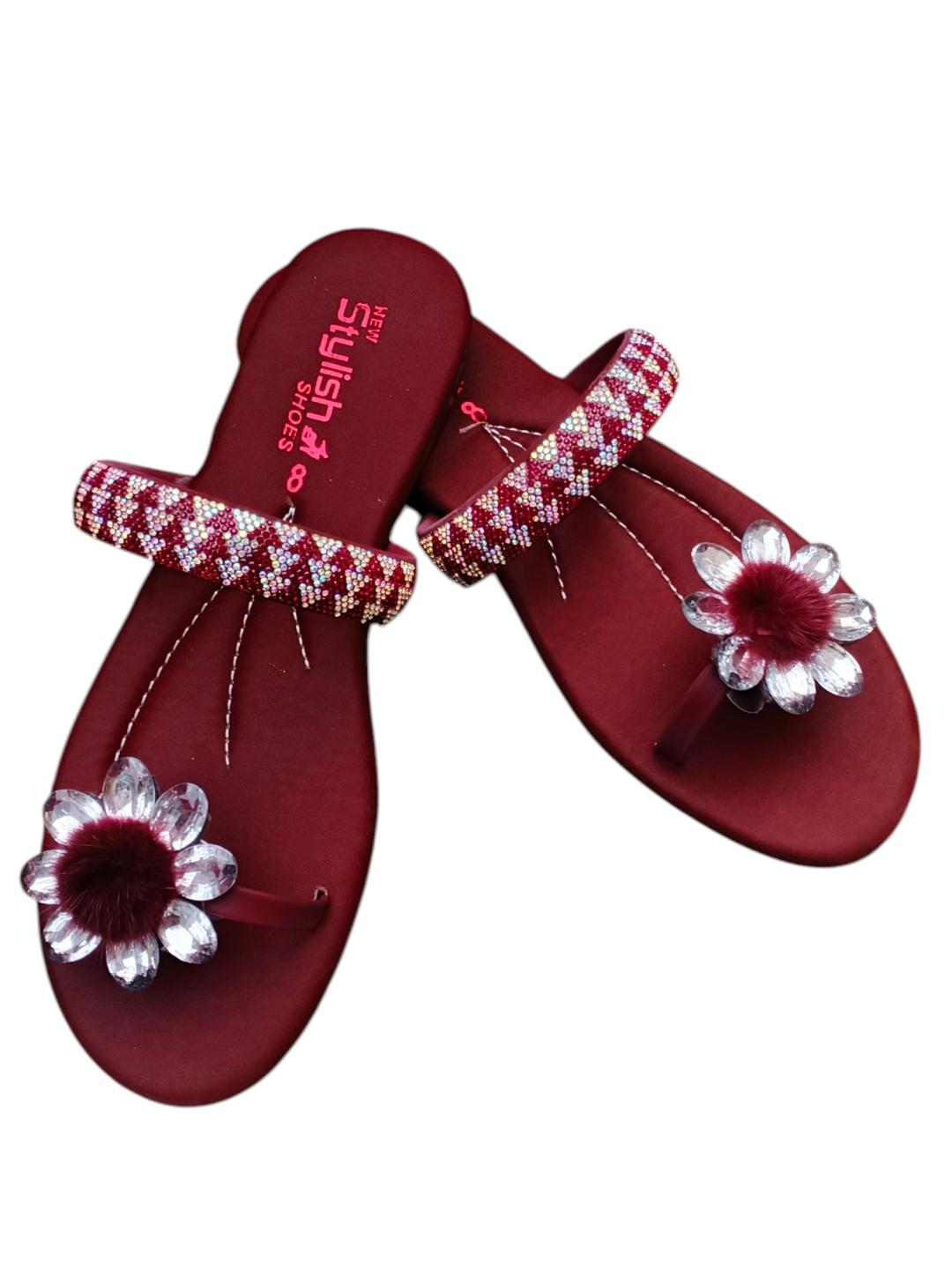 Maroon Satin Sandals with Gemstone Strap & Crystal Flower Accent
