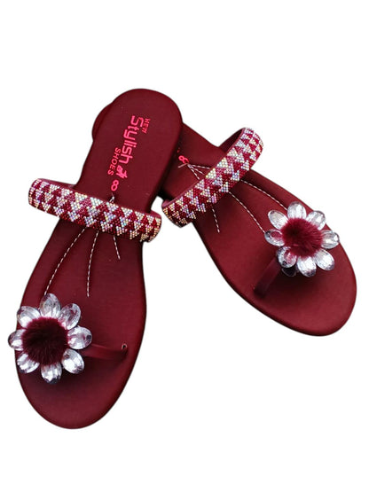 Maroon Satin Sandals with Gemstone Strap & Crystal Flower Accent