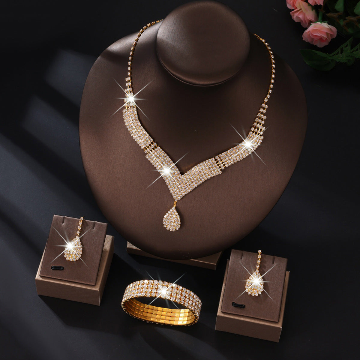 V-Neck Diamond Necklace & Earrings Set for Pakistani Women