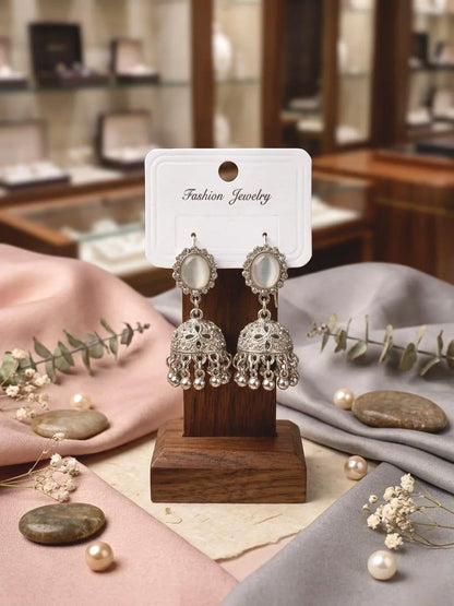 Silver Plated Crystal Jhumka Earrings for Women 2 Pcs