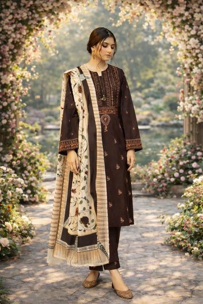 3pc Embroidered Lawn Suit Brown Floral Dupatta