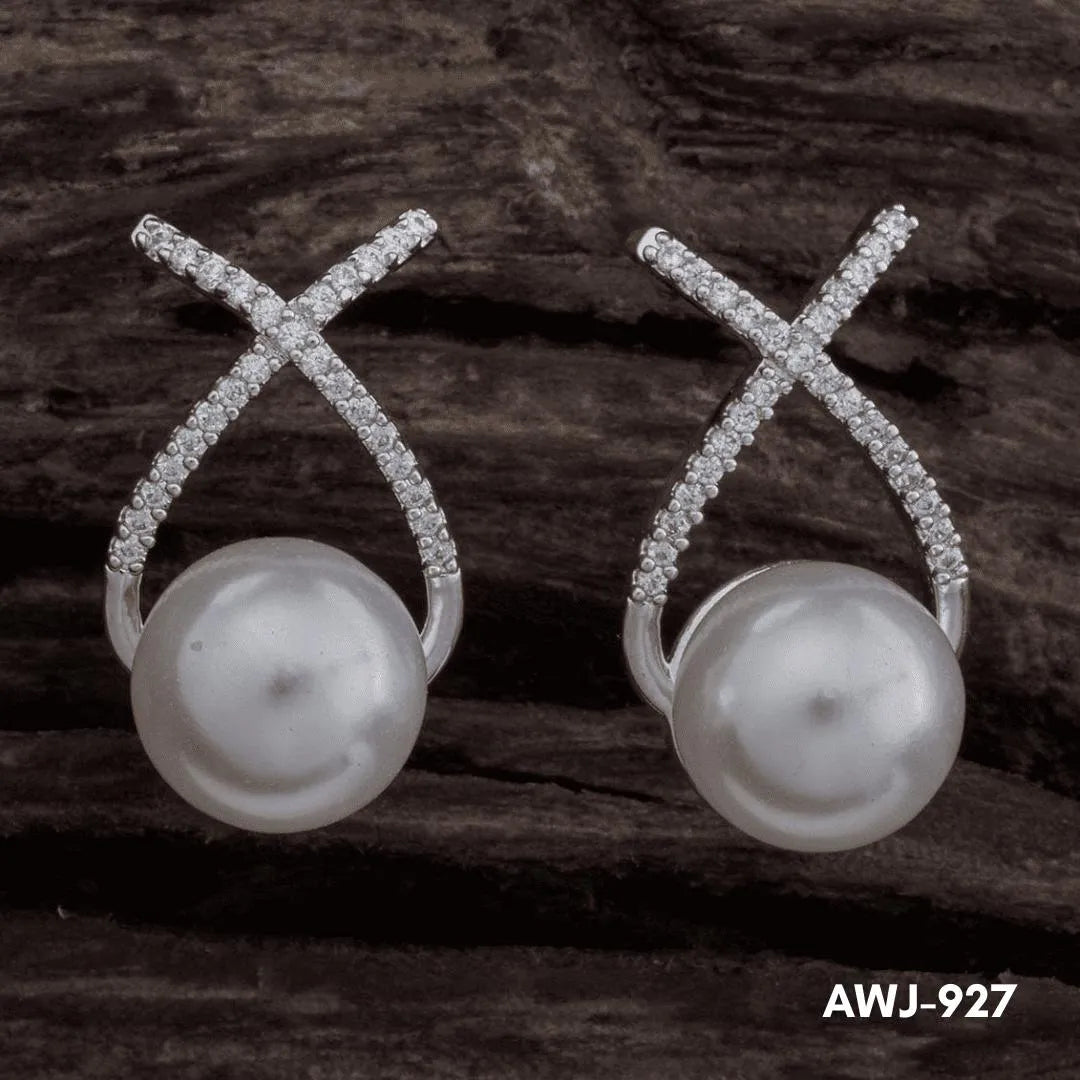 Cross Zircon Pearl Earrings Silver Gold Set