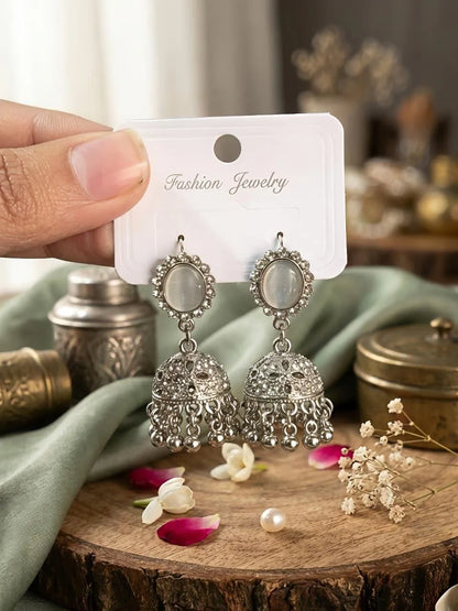 Silver Plated Crystal Jhumka Earrings for Women 2 Pcs