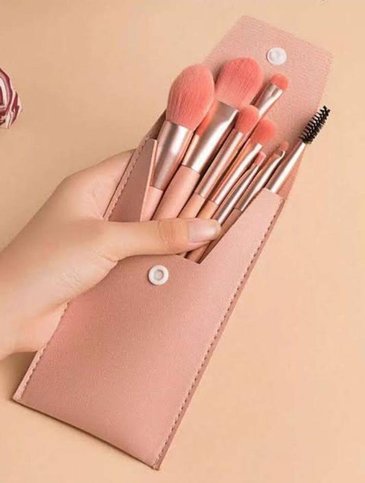 8-Piece Makeup Brush Set Pink Leather Pouch