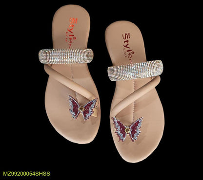 Women's Butterfly Rhinestone Chappals Beige