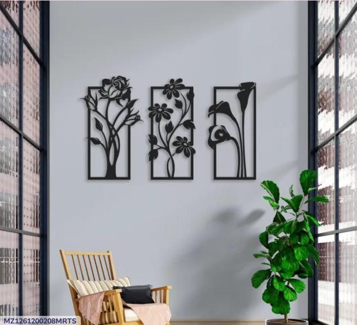 Modern Abstract Floral Wall Art Set Black MDF 12x22"