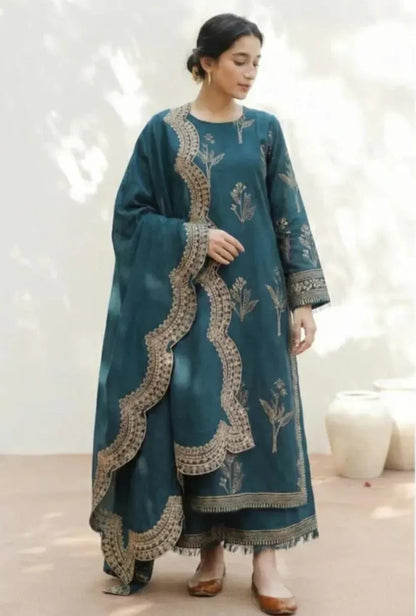 Unstitched Lawn Suit 03Pcs Embroidered Blue